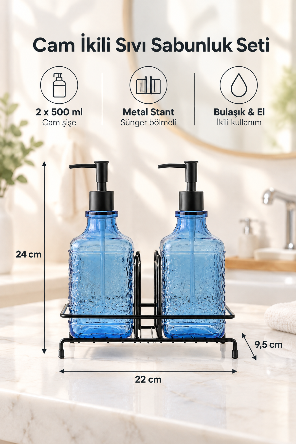 Modern Cam Sıvı Sabunluk & Deterjanlık Cam Sabunluk, Metal Stand'lı – Siyah
