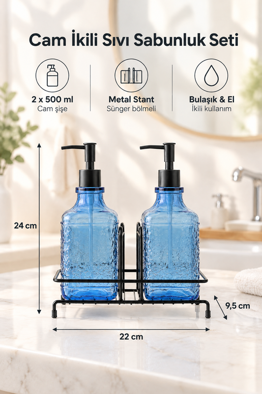 Modern Cam Sıvı Sabunluk & Deterjanlık Cam Sabunluk, Metal Stand'lı – Siyah