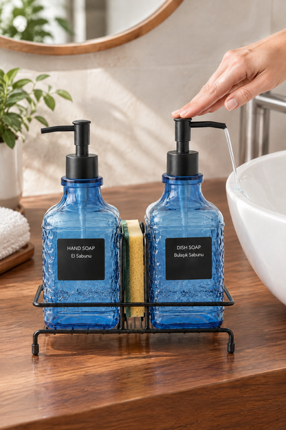 Modern Cam Sıvı Sabunluk & Deterjanlık Cam Sabunluk, Metal Stand'lı – Siyah