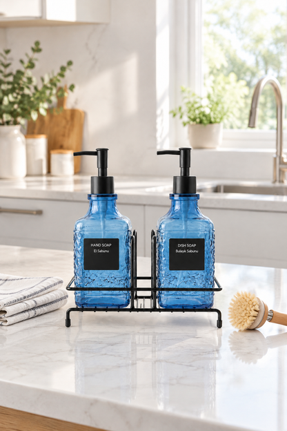 Modern Cam Sıvı Sabunluk & Deterjanlık Cam Sabunluk, Metal Stand'lı – Siyah