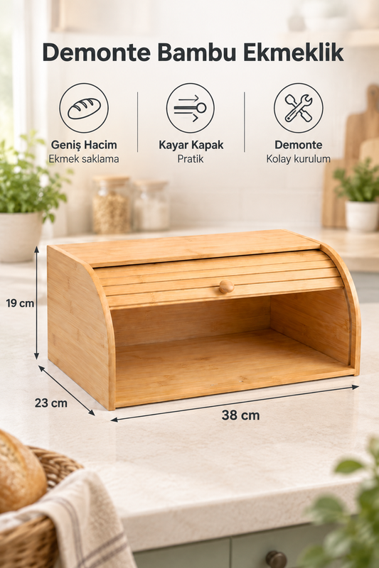 Doğal Bambu DEMONTE Ekmeklik, Ekmek Kutusu, Kayar Kapaklı, Geniş Hacimli, 38 x 23 x 19 cm