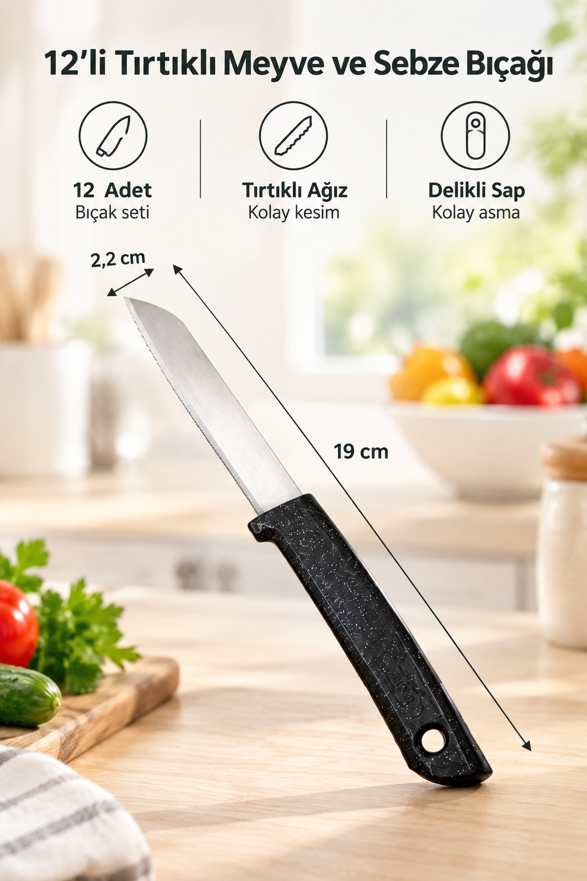 Tırtıklı Meyve Ve Sebze Bıçak Seti – 12'li Siyah