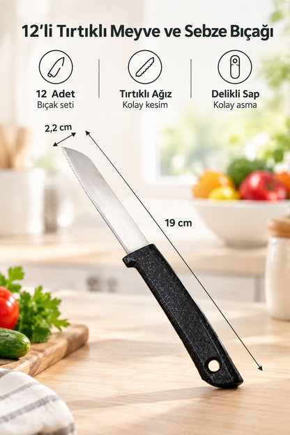 Tırtıklı Meyve Ve Sebze Bıçak Seti – 12'li Siyah