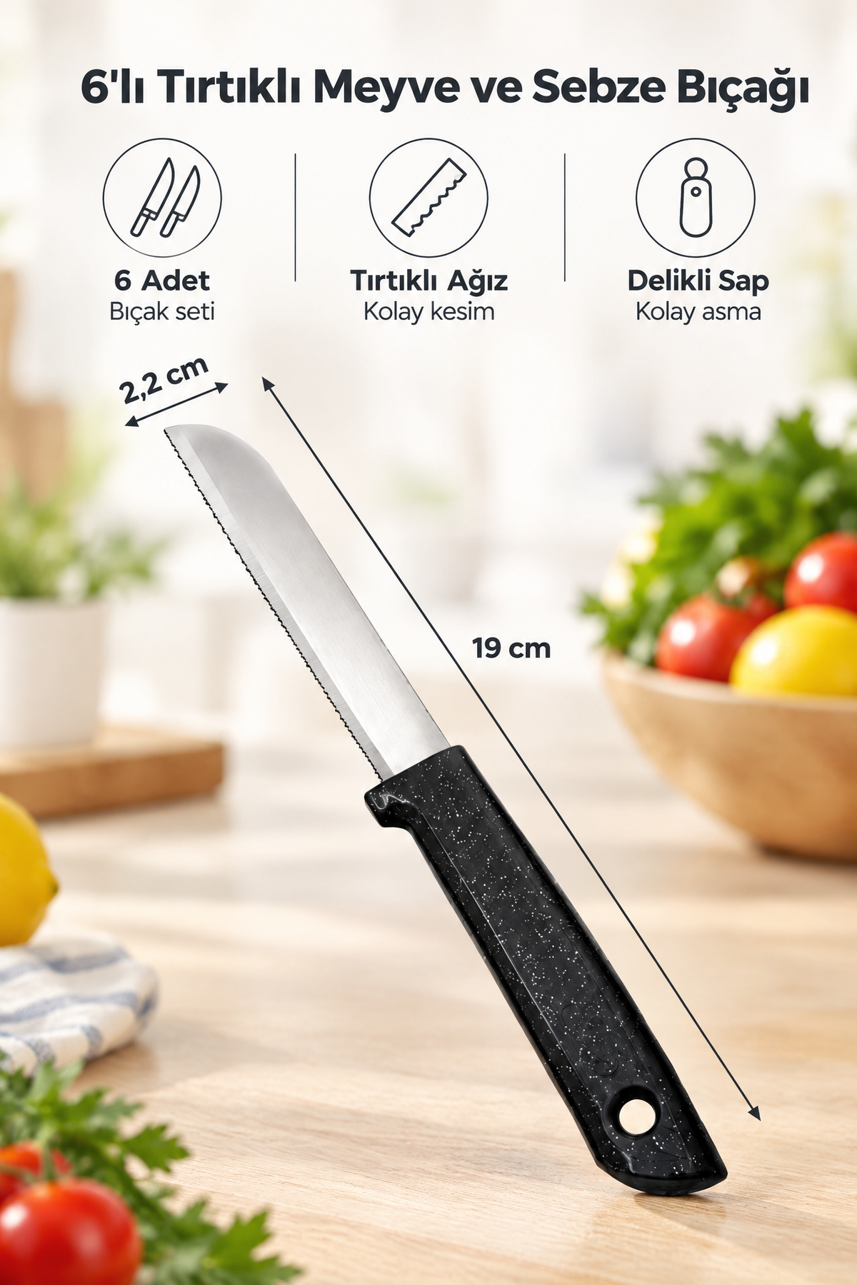 Tırtıklı Meyve Ve Sebze Bıçak Seti – 6'lı Siyah