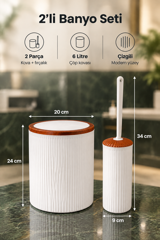 2'li Banyo Seti, Çöp Kovası ve WC Fırçalık, Beyaz, Hacim: 6 Litre