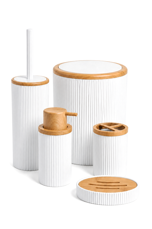 Beyaz Bambu Desenli 5 Parça Banyo Seti Çöp Kovası, WC Fırçalık, Sıvı Sabunluk, Diş Fırçalık, Sabunluk