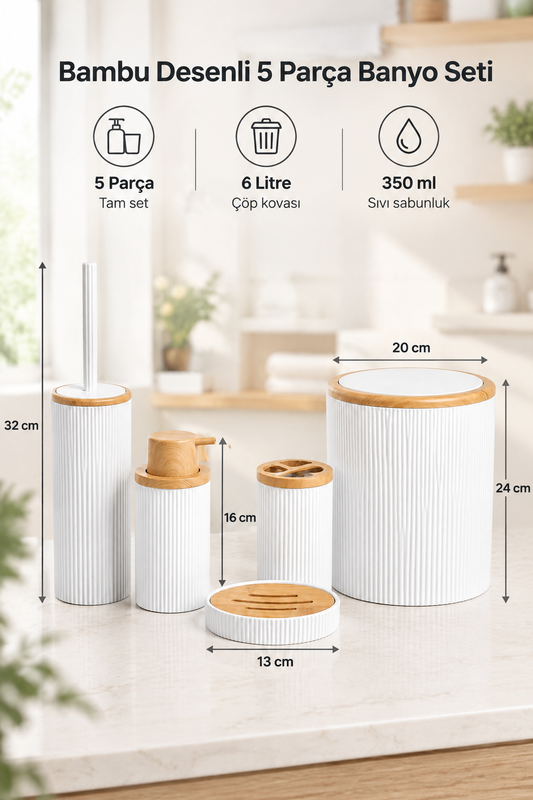 Beyaz Bambu Desenli 5 Parça Banyo Seti Çöp Kovası, WC Fırçalık, Sıvı Sabunluk, Diş Fırçalık, Sabunluk