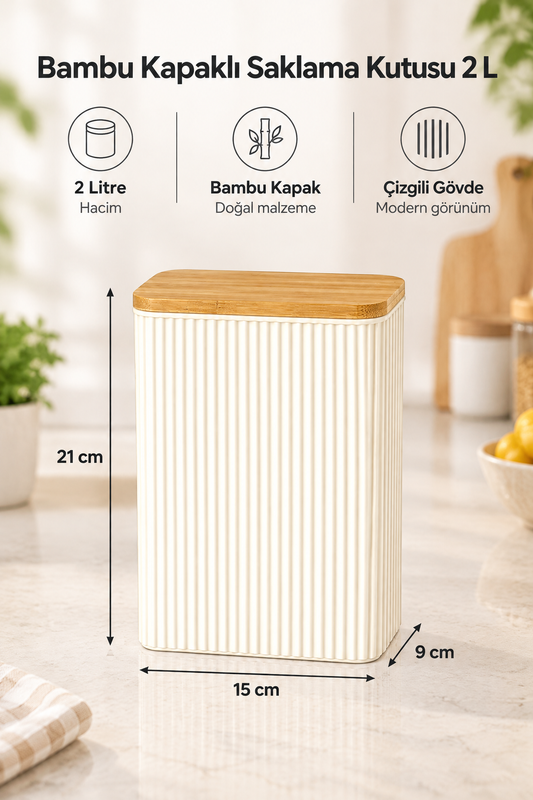 Bambu Kapaklı Saklama Kutusu - 2 Litre (15 x 9 x 21 cm)