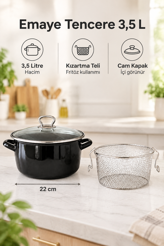 3.5 L Emaye Tencere, 22cm, Iç Dış Emaye Kaplama, Cam Kapaklı, Kızartma Telli, Siyah