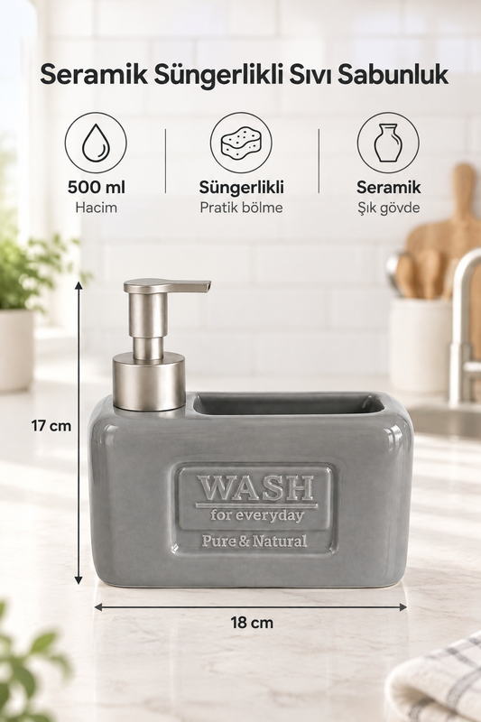 Şık ve Fonksiyonel Seramik Süngerlikli Sıvı Sabunluk/Deterjanlık, 500 ml – Gri
