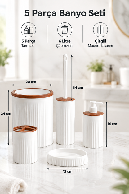 5 Parça Şık Beyaz Banyo Seti, Hacim: 6 litre