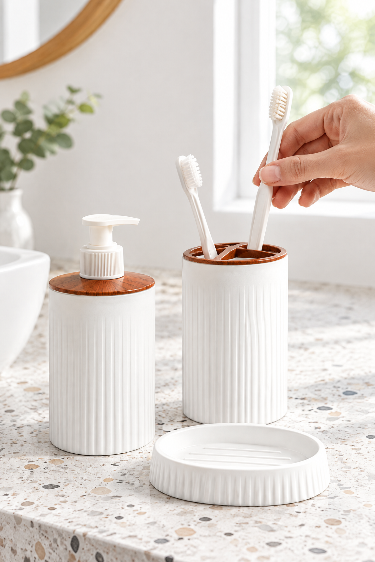 5 Parça Şık Beyaz Banyo Seti, Hacim: 6 litre