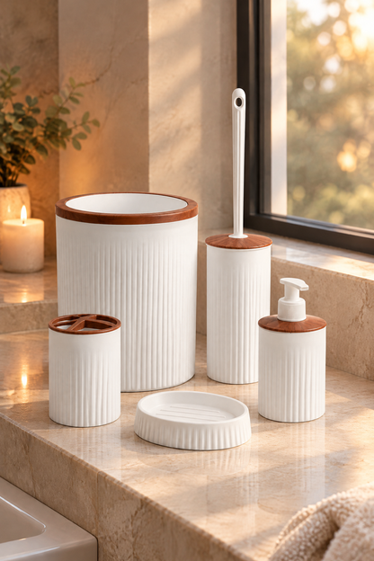 5 Parça Şık Beyaz Banyo Seti, Hacim: 6 litre