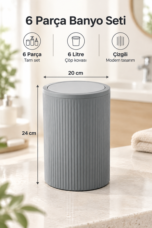 5 Parça Şık Gri Banyo Seti, Hacim: 6 litre