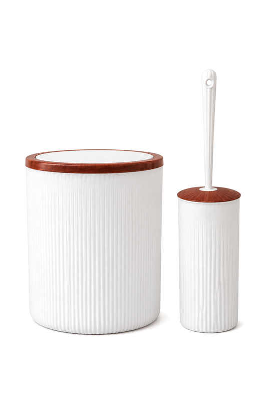Elegan Kahve Beyaz 2’li Banyo Seti – 6 litre Çöp Kovası & WC Fırçalık Takımı