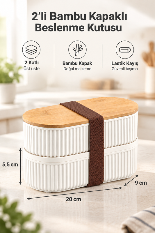 Bambu Kapaklı Saklama ve Beslenme Kutusu – 2 Katlı, 20 x 9 x 5,5 cm – 2'li