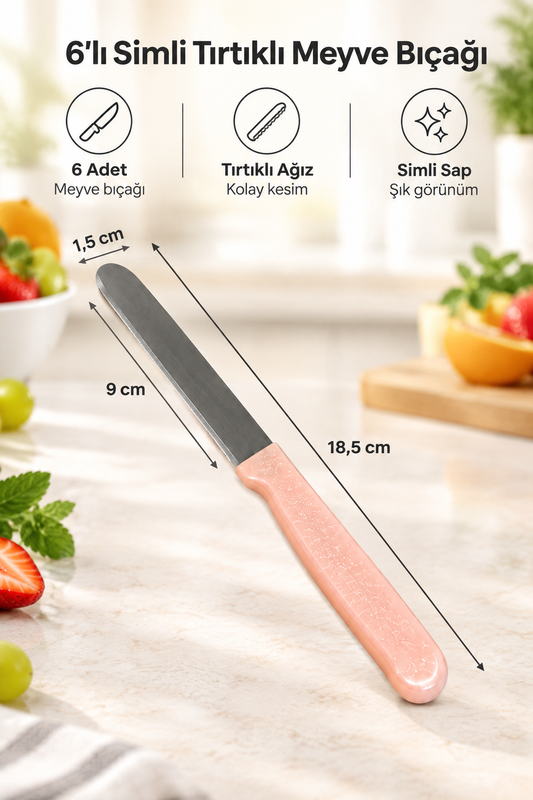 6'lı Pembe Simli Tırtıklı Meyve Bıçağı