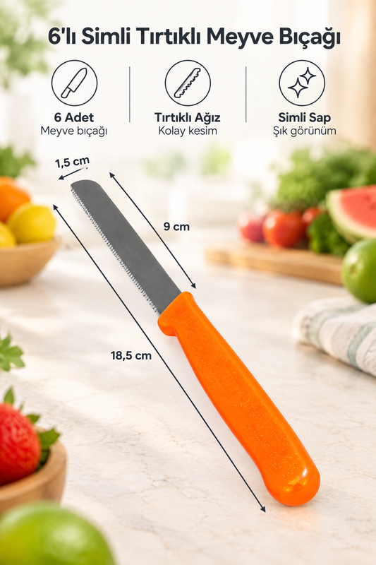 6'lı Turuncu Simli Tırtıklı Meyve Bıçağı