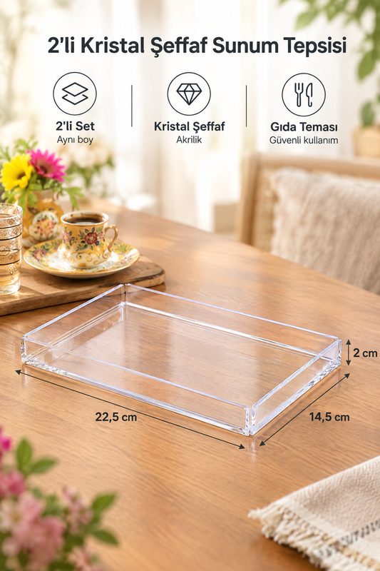 Kristal Şeffaf Sunum Tepsisi – 225 x 145 x 20 mm – 2'li Şeffaf
