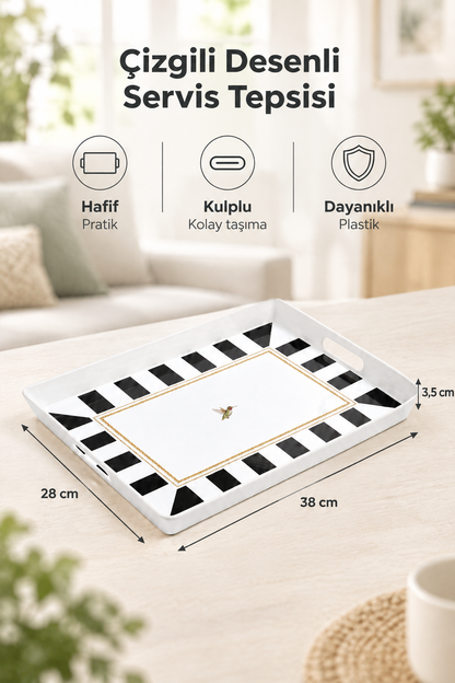 Çizgili Desenli Servis Tepsisi 38x28x3,5 cm, Siyah-Beyaz – Siyah Beyaz