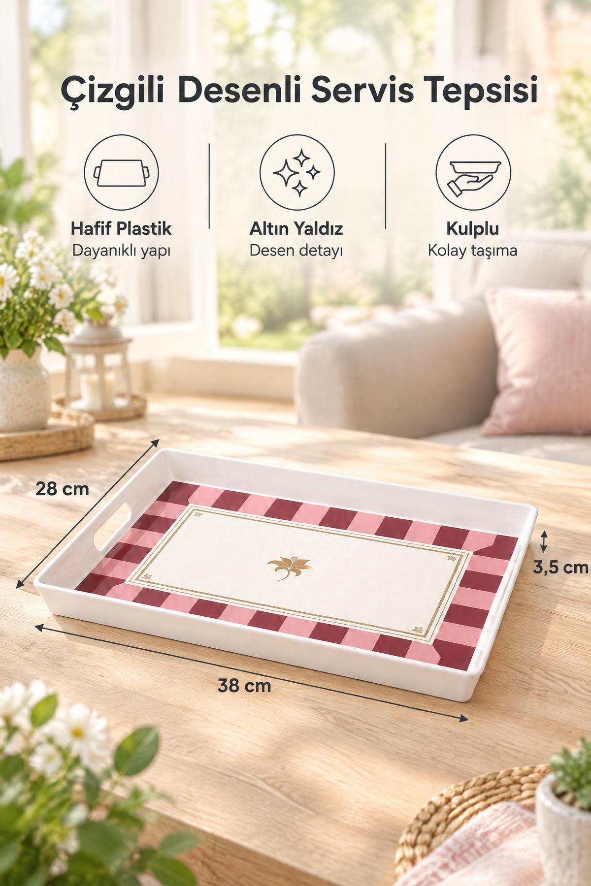 Çizgili Desenli Servis Tepsisi 38x28x3,5 cm, Siyah-Beyaz – Bordo
