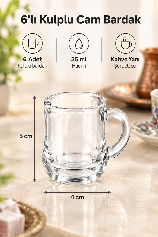 6’lı Kulplu Cam Bardak Seti, 4 cm çap × 5 cm yükseklik, 35 ml
