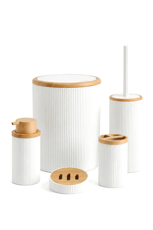 Desenli 5 Parça Banyo Seti, Şık Tasarımlı, Hacim: 6 litre – Beyaz Bambu