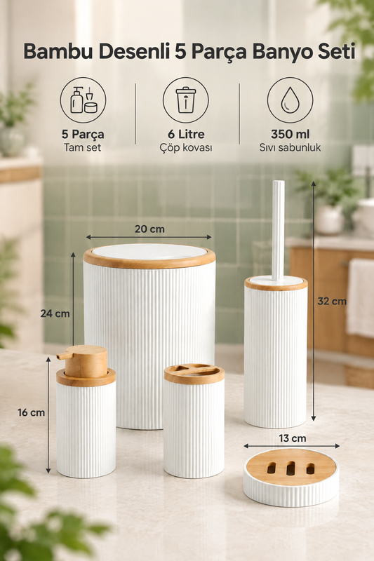 Desenli 5 Parça Banyo Seti, Şık Tasarımlı, Hacim: 6 litre – Beyaz Bambu