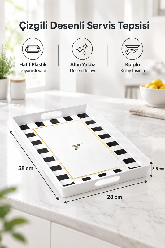 Çizgili Desenli Servis Tepsisi 38x28x3,5 cm – Siyah-Beyaz