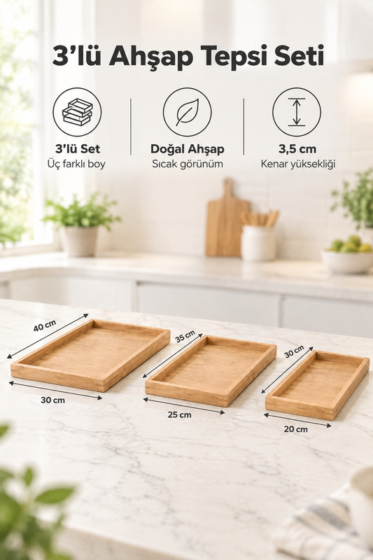 3’lü Ahşap Tepsi Seti, Büyük Tepsi: 40 x 30 cm, Orta Tepsi: 35x25 cm, Küçük Tepsi: 30x20 cm