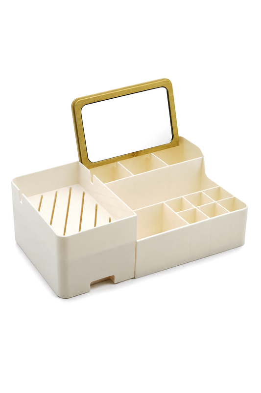 Bambu Aynalı Kozmetik Takı Makyaj Organizer, 29 x 17,5 x 10 cm, Portatif Bambu Aynalı