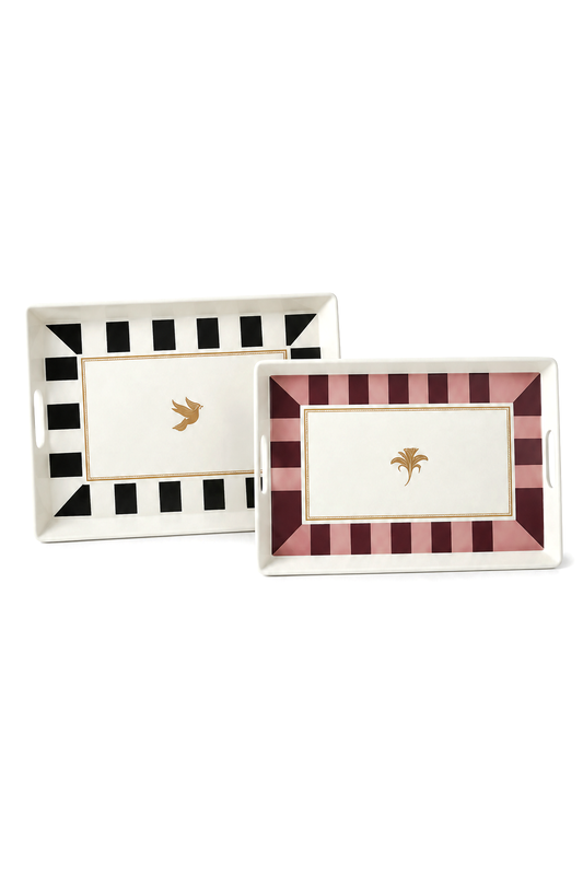 2 adet Çizgili Desenli Servis Tepsisi 38x28x3,5 cm, Siyah-Beyaz ve Bordo – SiyahBeyaz-Bordo
