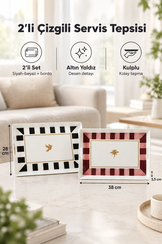 2 adet Çizgili Desenli Servis Tepsisi 38x28x3,5 cm, Siyah-Beyaz ve Bordo – SiyahBeyaz-Bordo