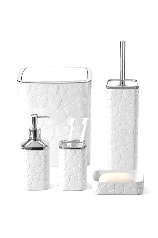 5 Parça Banyo Seti, Kalp Desenli, Kare, Click Kapaklı, Hacim: 8 litre – Beyaz Silver