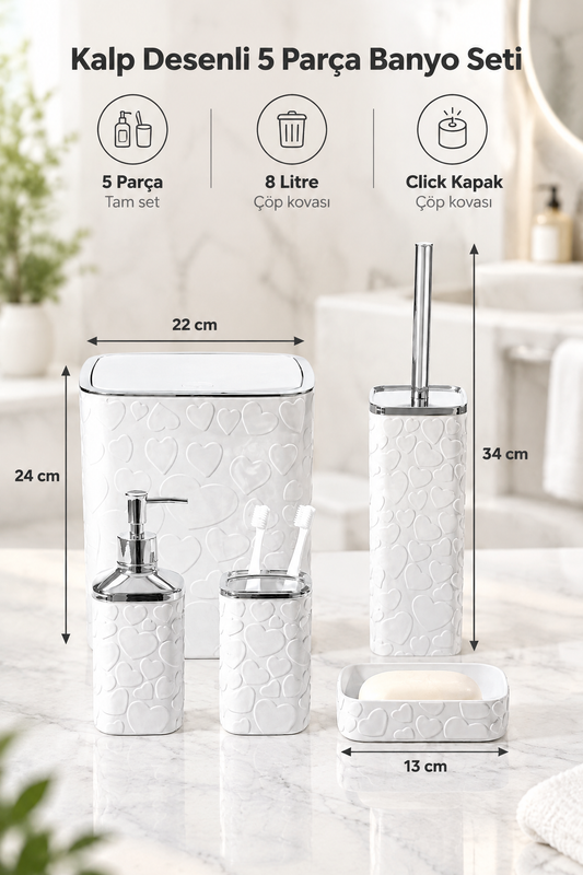 5 Parça Banyo Seti, Kalp Desenli, Kare, Click Kapaklı, Hacim: 8 litre – Beyaz Silver