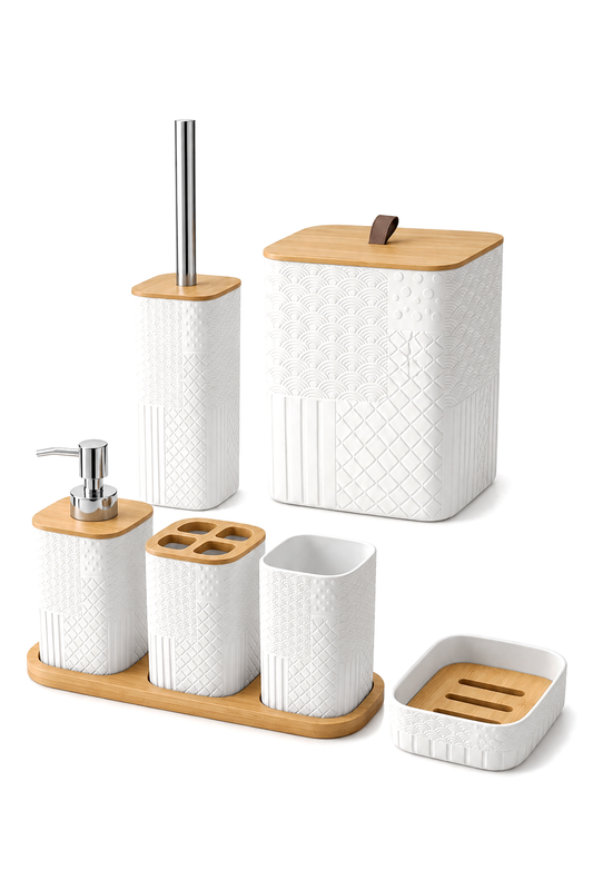 7 Parça Desenli Kare Kapaklı Banyo Seti, Hacim: 8 litre – Beyaz Bambu