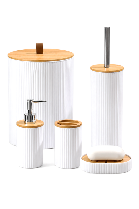 5 Parça Yuvarlak Banyo Seti, Bambu Kapaklı, Hacim: 7 litre – Beyaz