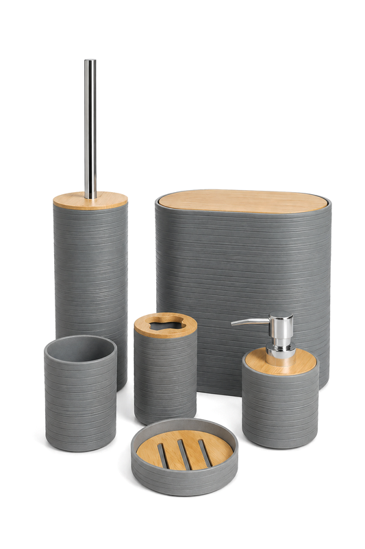6 Parça Bambu Kapaklı Banyo Seti, Oval, Hacim: 8 litre – Gri