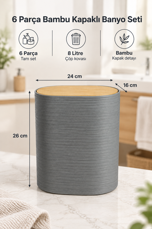 6 Parça Bambu Kapaklı Banyo Seti, Oval, Hacim: 8 litre – Gri