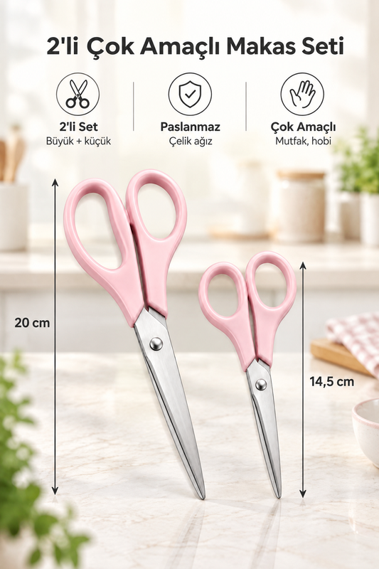 2'li Çok Amaçlı Makas Seti – Küçük Boy Pembe, 14.5 Cm