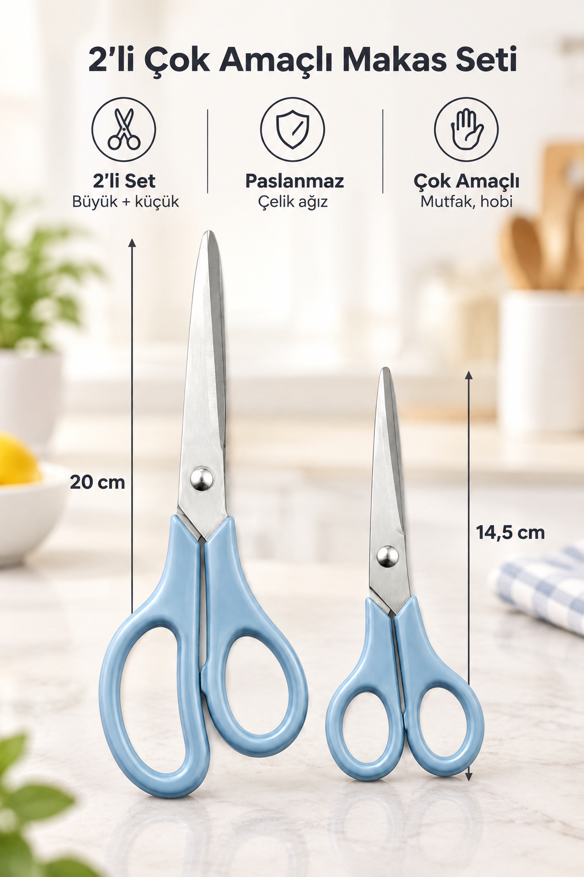 2'li Çok Amaçlı Makas Seti – Küçük Boy Mavi, 14.5 Cm