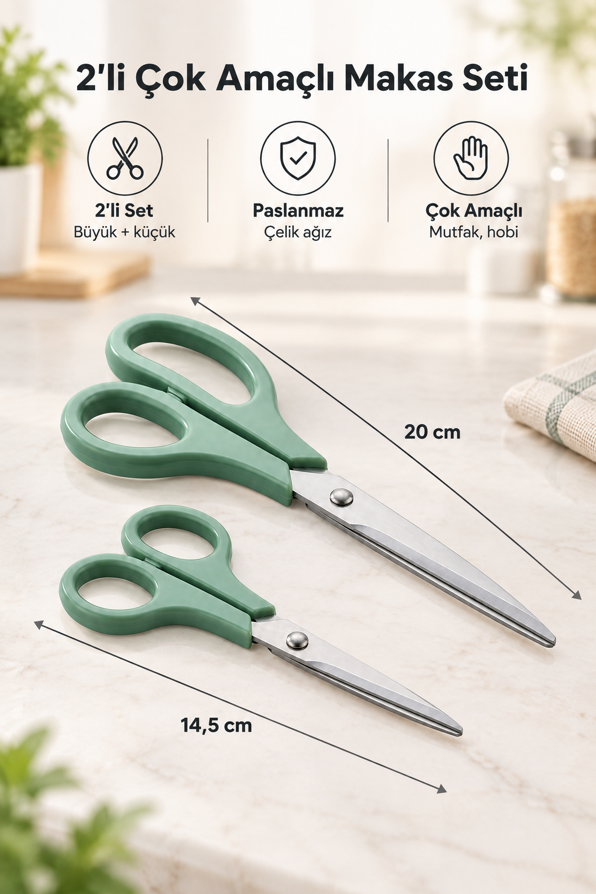 2'li Çok Amaçlı Makas Seti – Küçük Boy Yeşil, 14.5 Cm