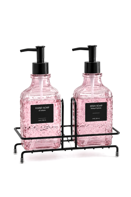 Modern Kabartma Desenli Cam Sıvı Sabunluk & Deterjanlık Seti, - 500 Ml Cam Sabunluk – Pembe