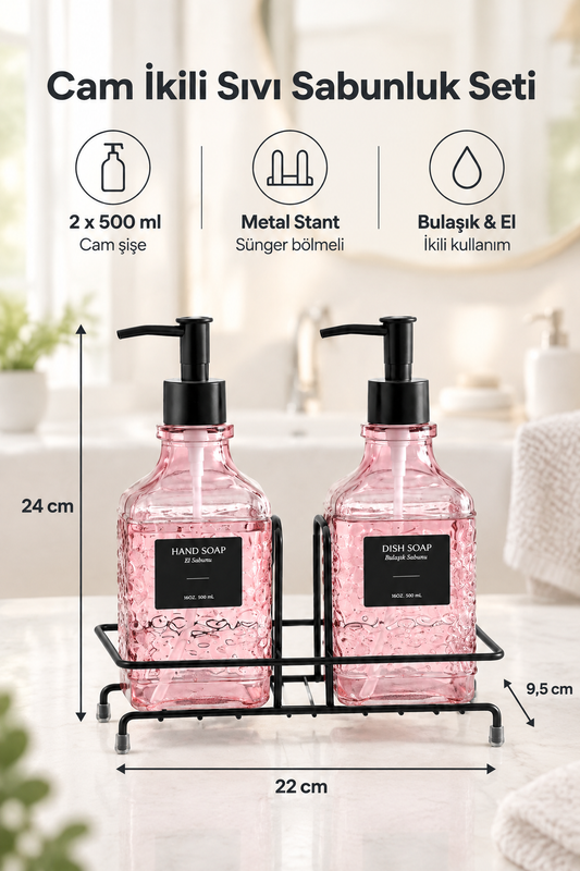 Modern Kabartma Desenli Cam Sıvı Sabunluk & Deterjanlık Seti, - 500 Ml Cam Sabunluk – Pembe