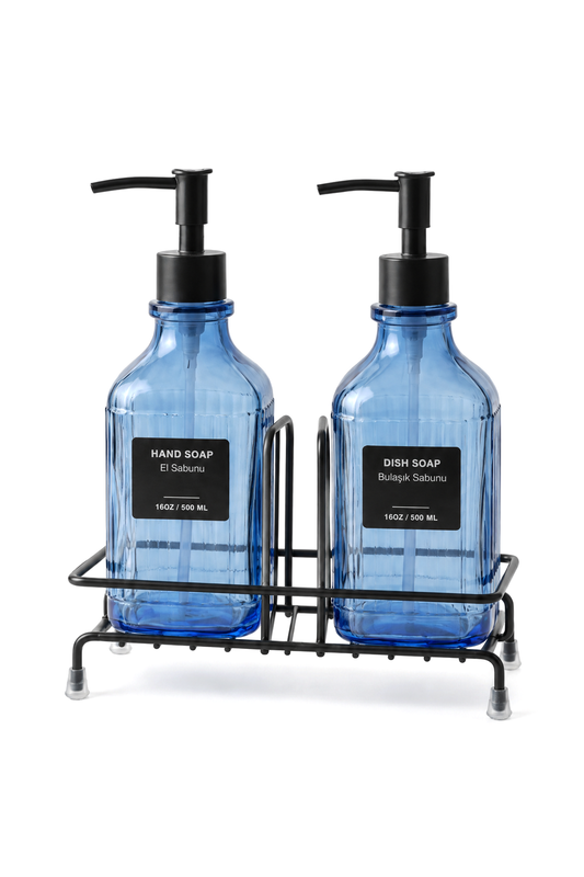 Modern Çizgili Desenli Cam Ikili Sıvı Sabunluk & Deterjanlık Seti, - 500 Ml Cam Sabunluk – Mavi