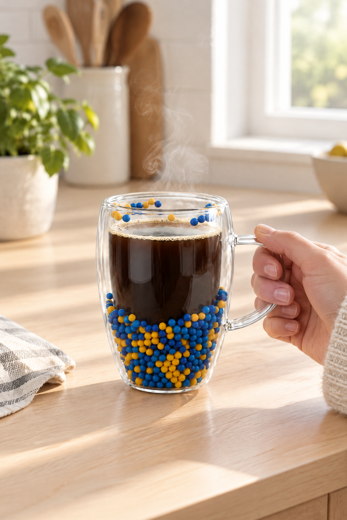 Çift Cidarlı Cam Kupa 350 ML – Isıya Dayanıklı – Sarı Lacivert