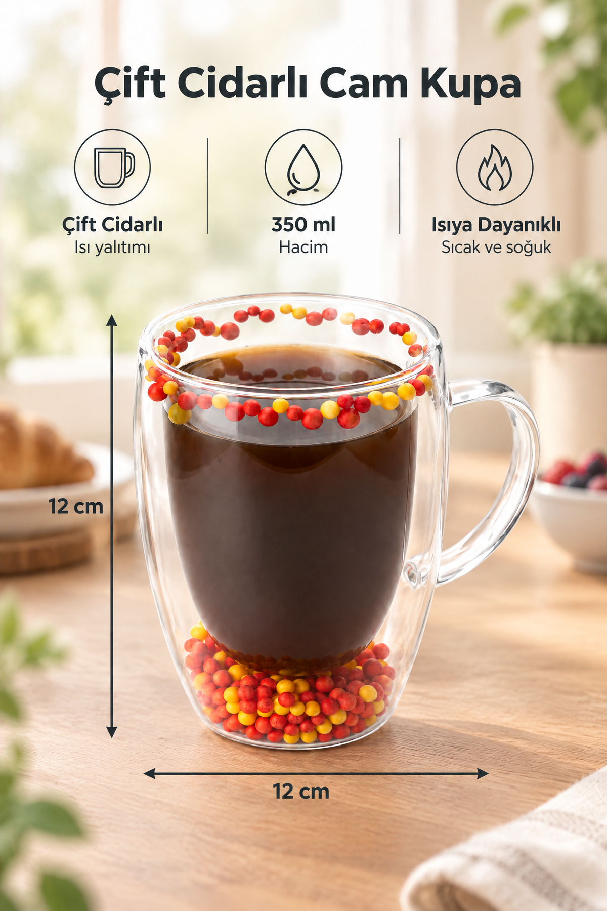 Çift Cidarlı Cam Kupa 350 ML – Isıya Dayanıklı – Sarı Kırmızı