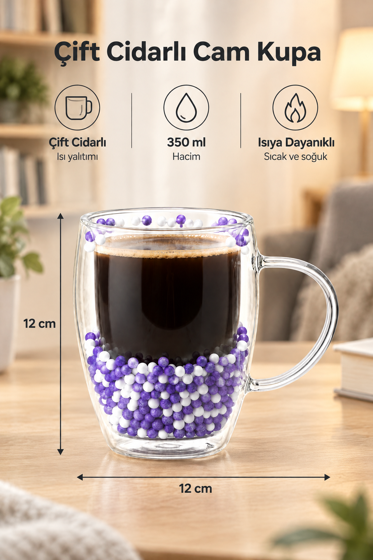 Çift Cidarlı Cam Kupa 350 ML – Isıya Dayanıklı – Mor Beyaz