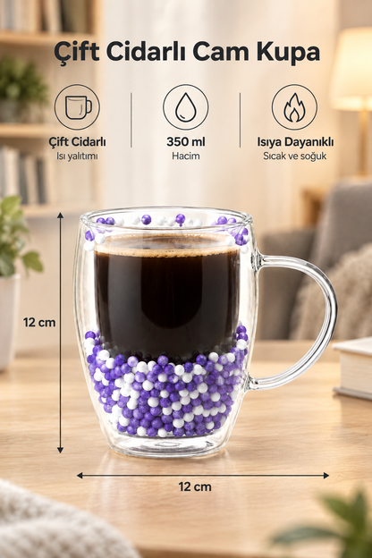 Çift Cidarlı Cam Kupa 350 ML – Isıya Dayanıklı – Mor Beyaz