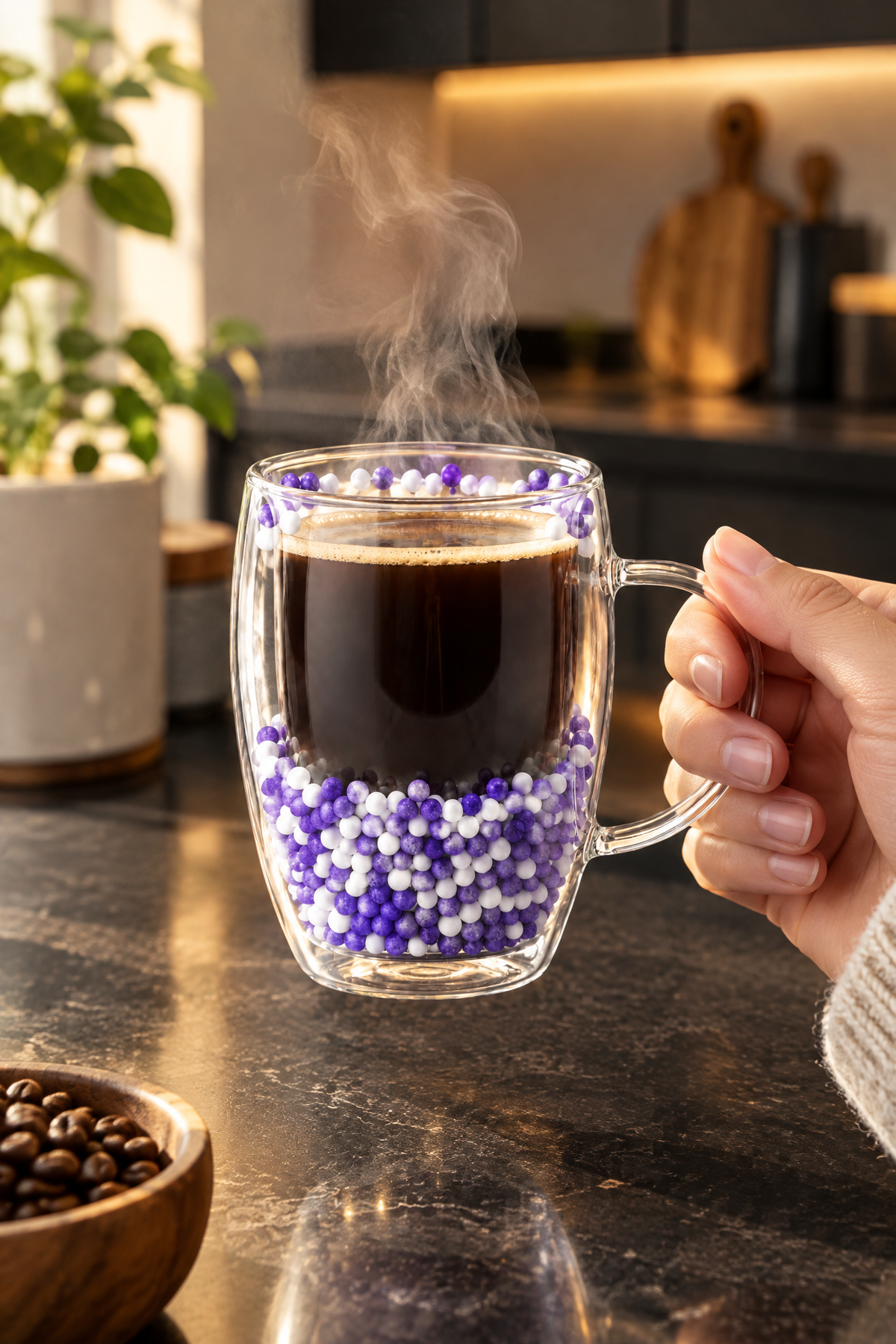 Çift Cidarlı Cam Kupa 350 ML – Isıya Dayanıklı – Mor Beyaz